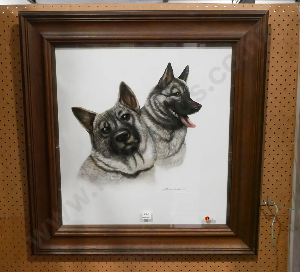 Allan Hope 1997 - framed airbrush ink on board - two Norwegian Elkhounds H-500 W-480 Image 1++
