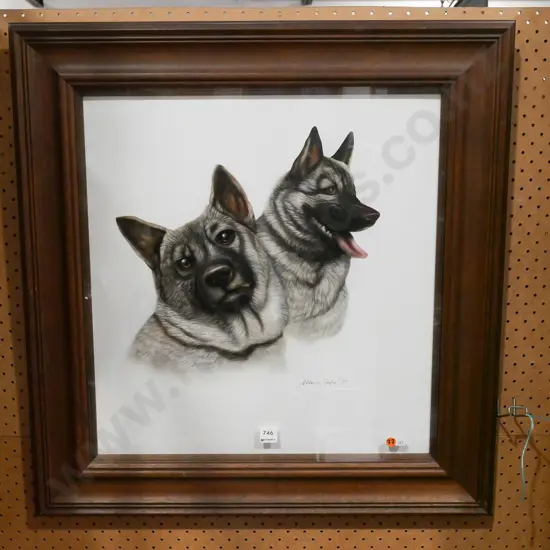 Allan Hope 1997 - framed airbrush ink on board - two Norwegian Elkhounds H-500 W-480