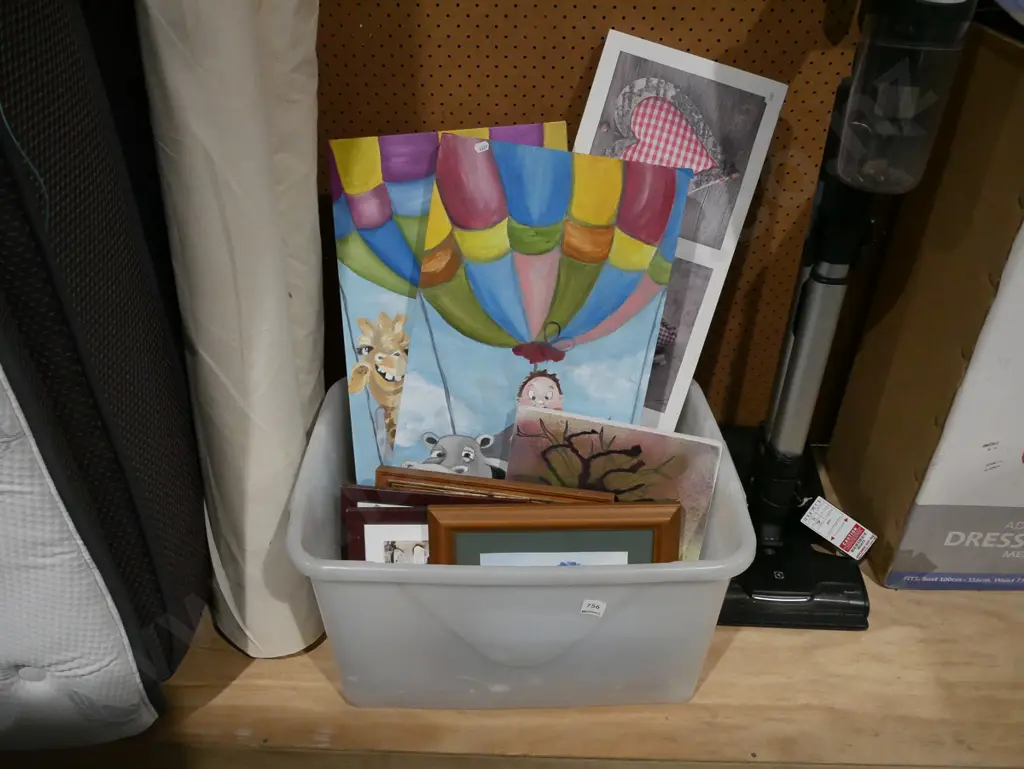 plastic tub of artworks - prints, tiles etc Image 1++