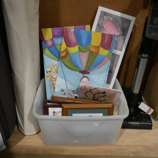 plastic tub of artworks - prints, tiles etc