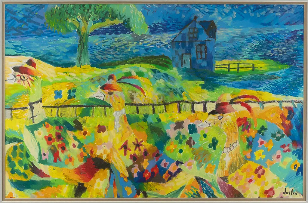 Justin Morshuis - framed oil pastel and gel pen on paper "Three Ducks" H-360 W-550 Image 1++