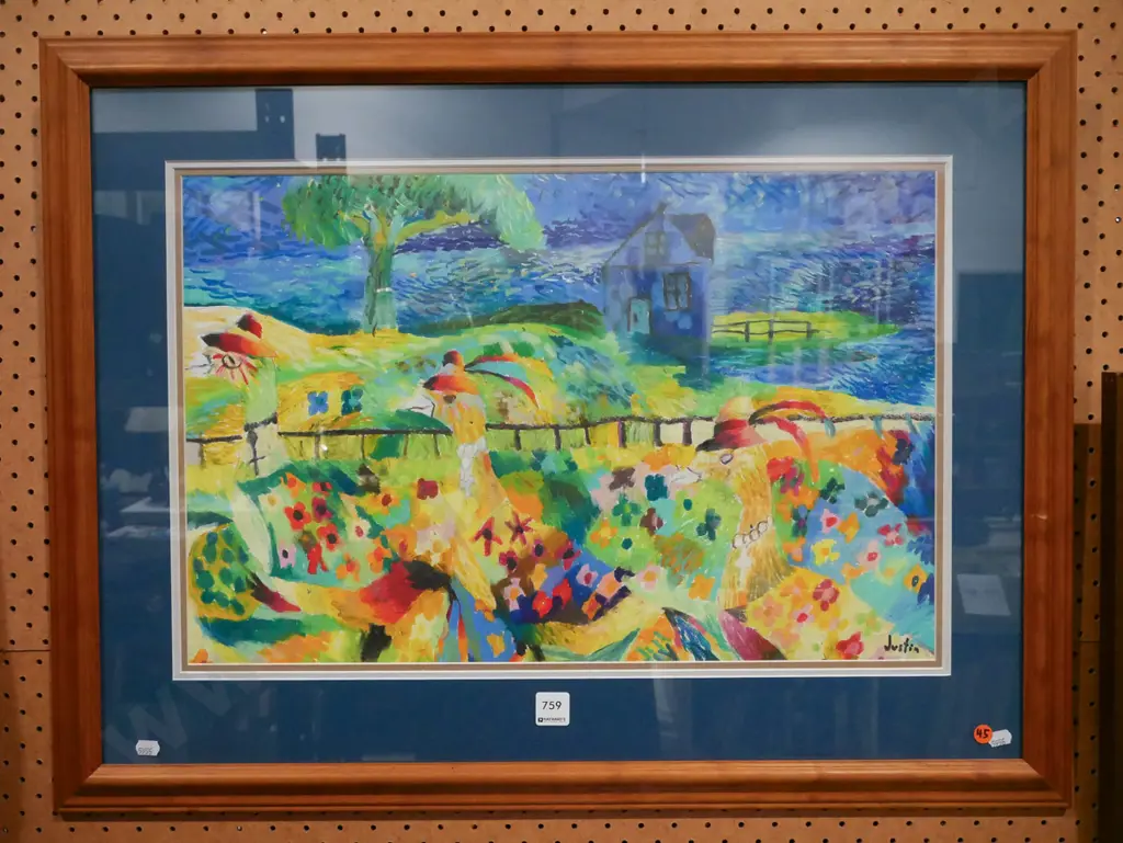 Justin Morshuis - framed oil pastel and gel pen on paper "Three Ducks" H-360 W-550 Image 1++