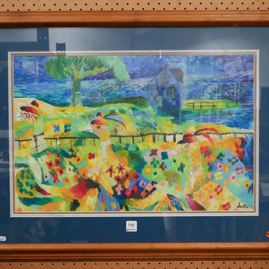 Justin Morshuis - framed oil pastel and gel pen on paper "Three Ducks" H-360 W-550