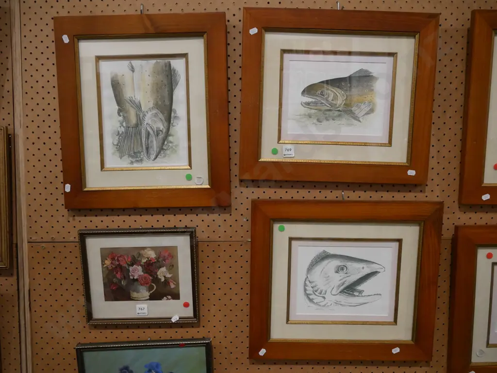 3x framed Mike Cowie hand coloured prints - salmon - green dots Image 1++