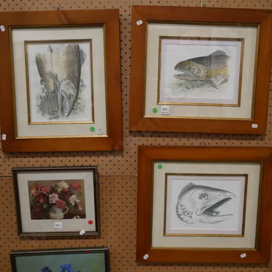 3x framed Mike Cowie hand coloured prints - salmon - green dots