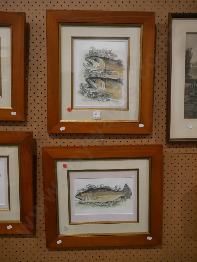 2x framed Mike Cowie hand coloured prints - salmon - red dots Image 1++