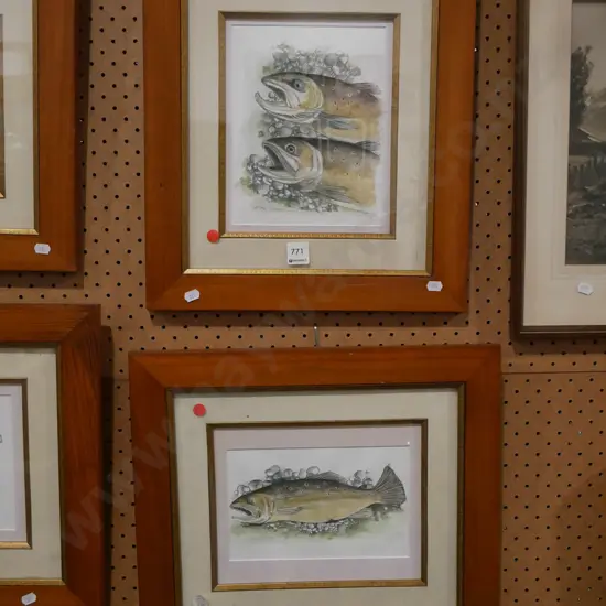 2x framed Mike Cowie hand coloured prints - salmon - red dots