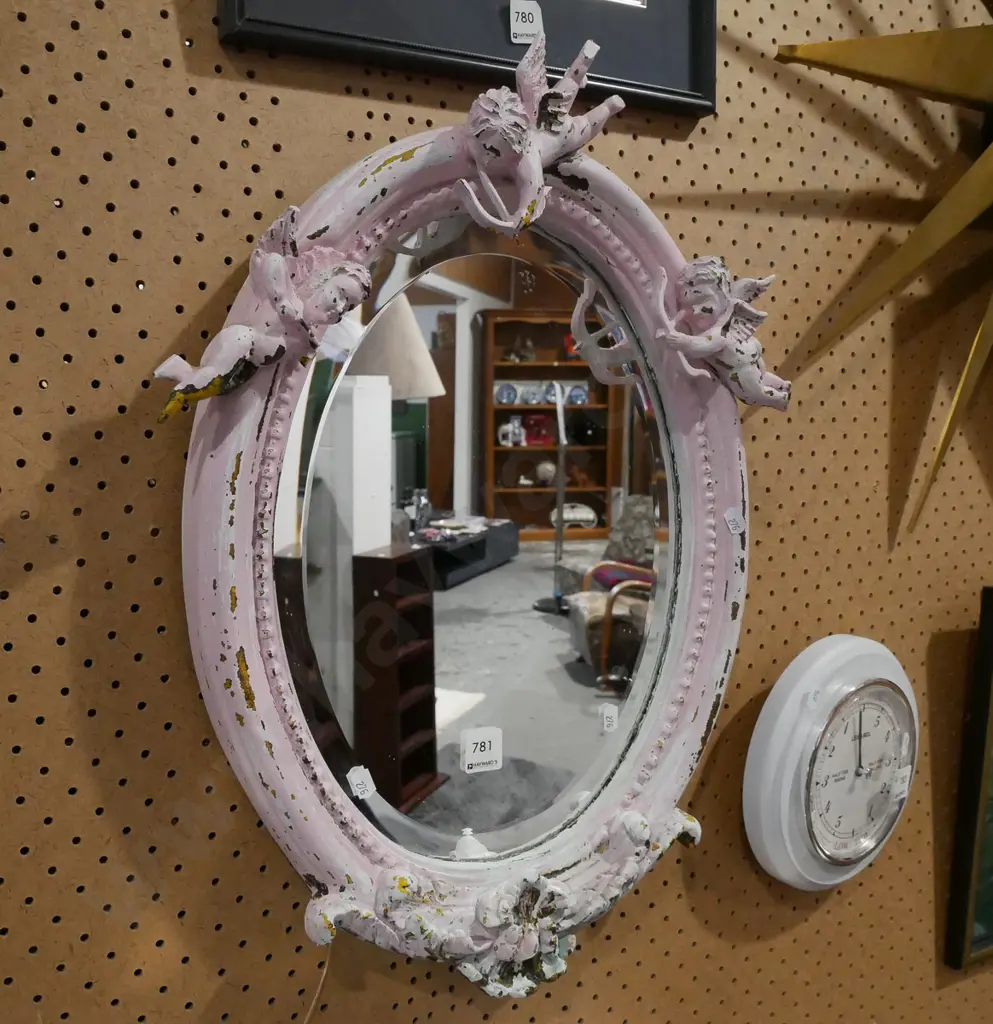 distressed pink painted oval cherub themed wall mirror H560 Image 1++