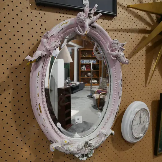 distressed pink painted oval cherub themed wall mirror H560