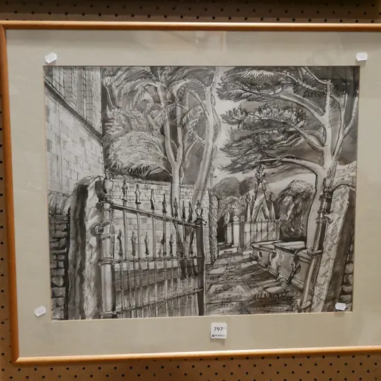 John E Brown '89 - framed ink and pen - churchyard