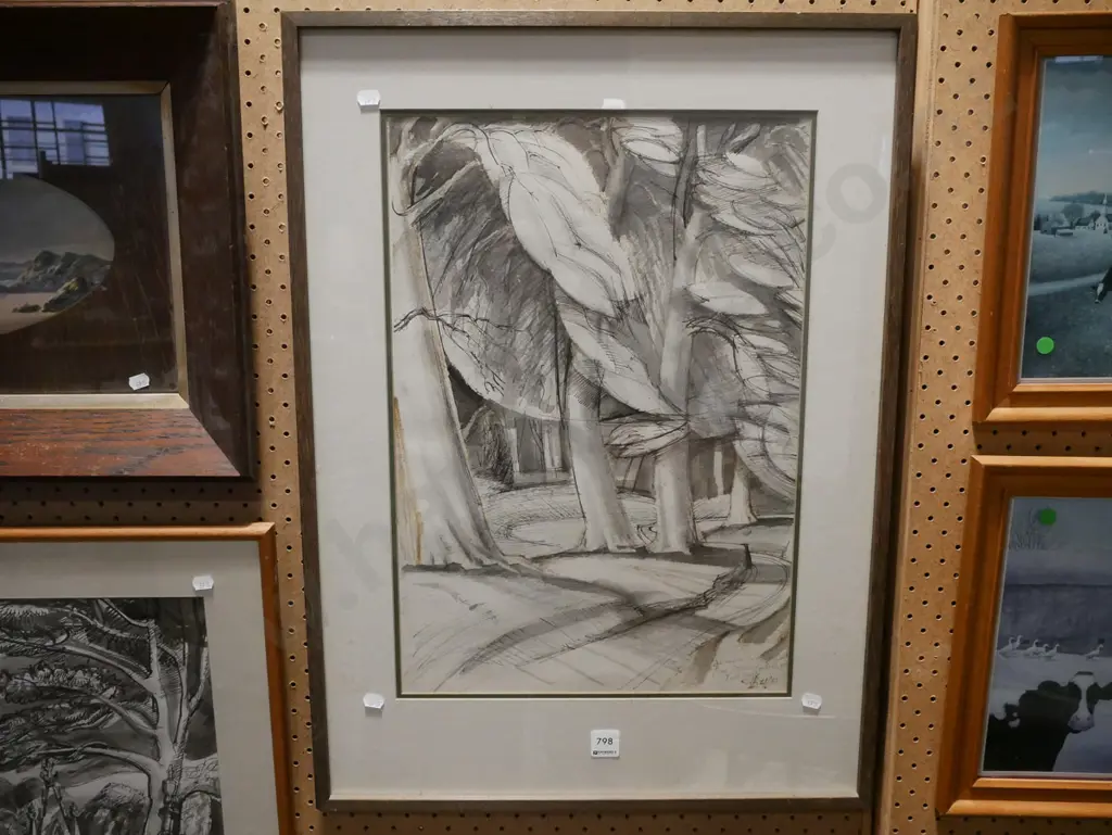 framed pen and ink - trees - some foxing Image 1++