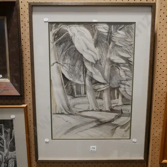 framed pen and ink - trees - some foxing