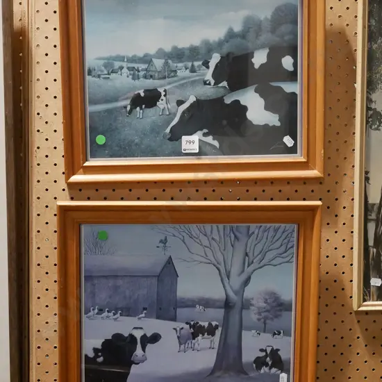 2x framed cattle prints- green dots