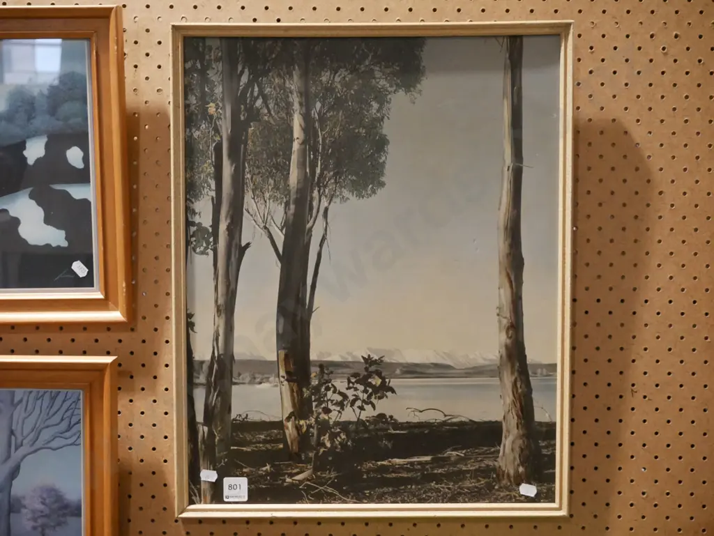 framed retro print - lake and mountain scene - markings and damage Image 1++