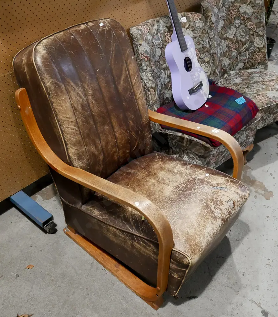 deco bentwood and leather armchair - wear and rips to leather Image 1++