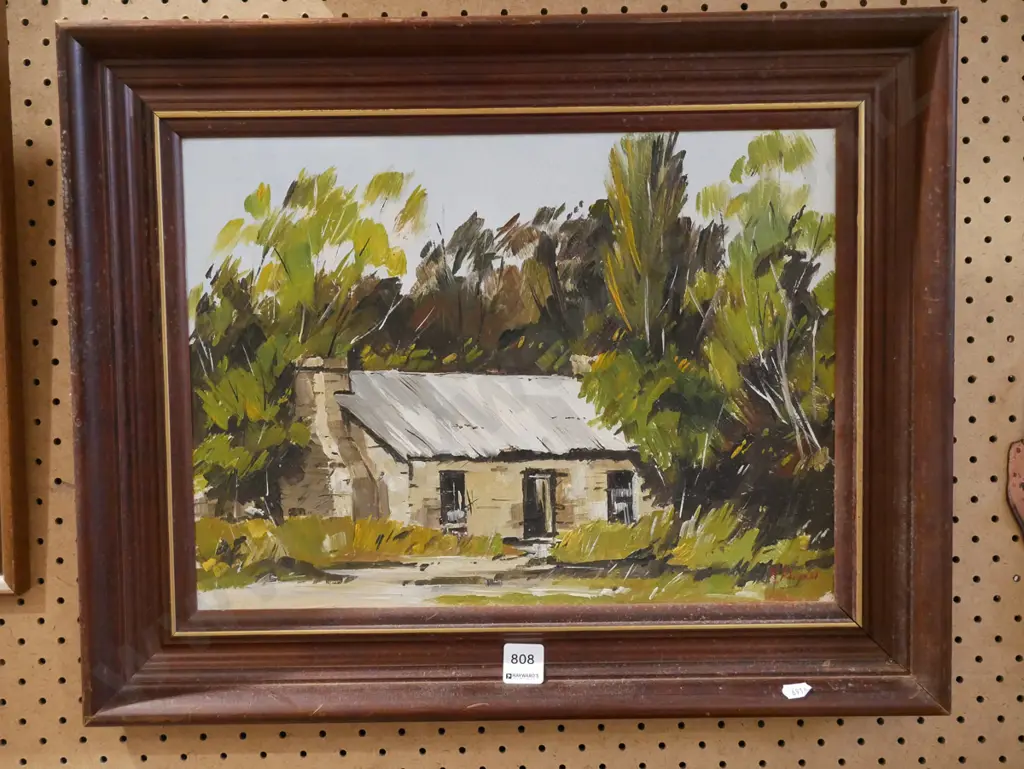 framed M Adams oil - stone cottage in trees Image 1++