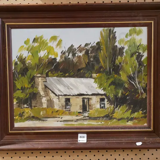 framed M Adams oil - stone cottage in trees