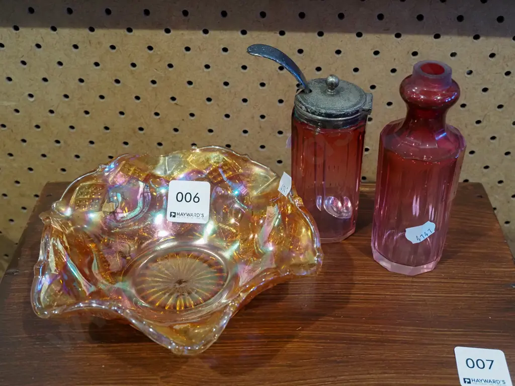 Dunedin Exhibition carnival glass bowl, part ruby glass condiments Image 1++