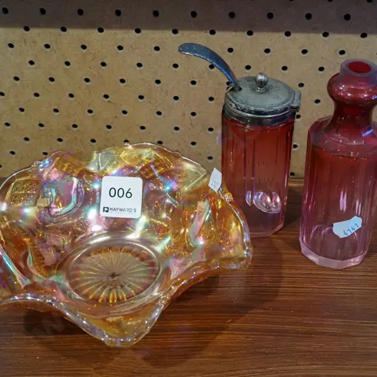 Dunedin Exhibition carnival glass bowl, part ruby glass condiments