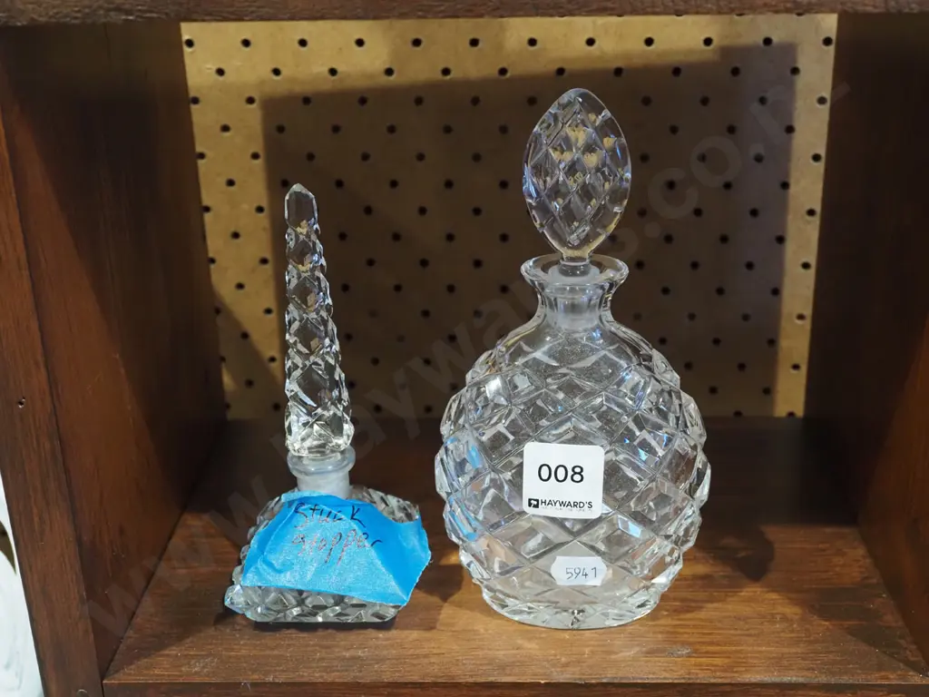 2x cut crystal scent bottles - 1 has stuck stopper H180 Image 1++