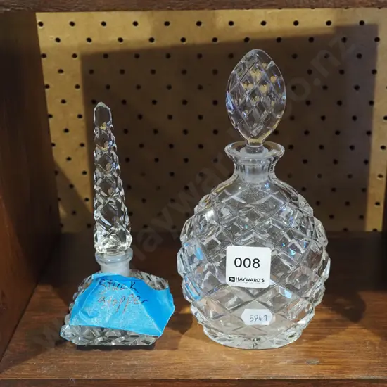 2x cut crystal scent bottles - 1 has stuck stopper H180