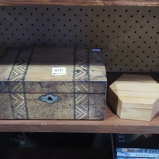 small wood inlay box W205, 1 other wooden trinket box