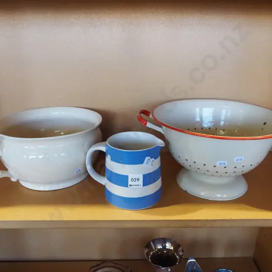 TG Green jug, enamel colander and a chamber pot