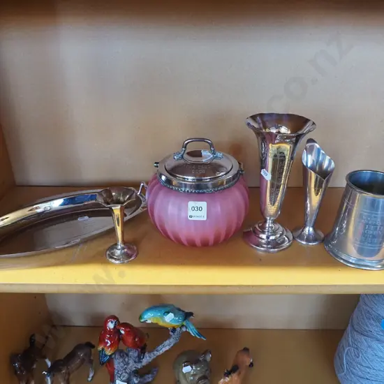 engraved presentation items - tray, biscuit barrel, vases etc