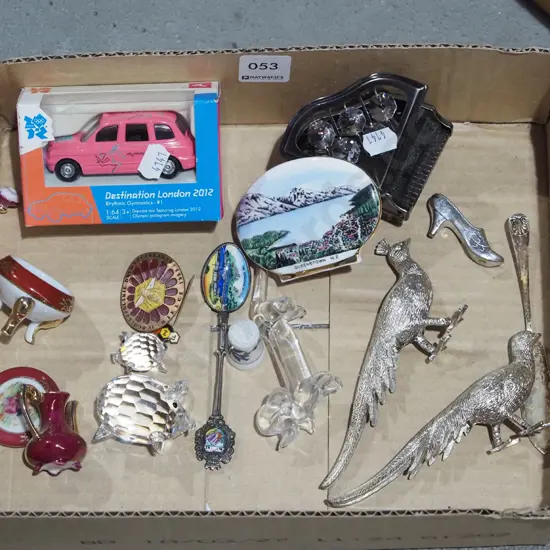 box; Limoges miniature, crystal pig, cast metal pheasants etc