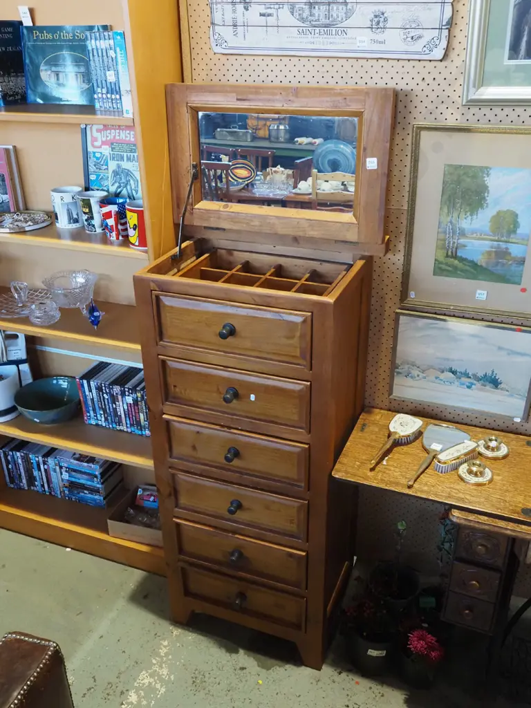 solid pine 6 drawer tall boy - 1 drawer has fitted interior - top lifts up to expose mirror Image 1++