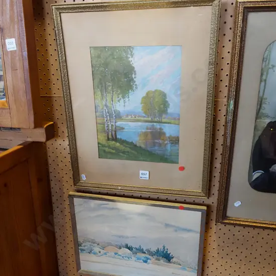 2x framed watercolours-  landscapes - red dots