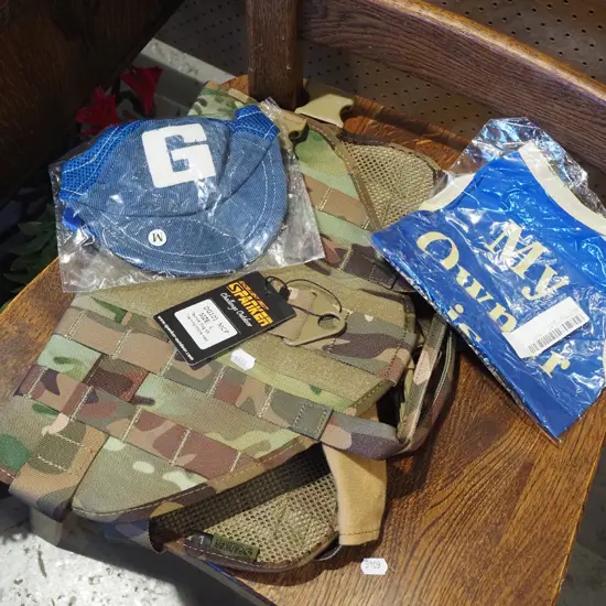 dog jacket, singlet, cap