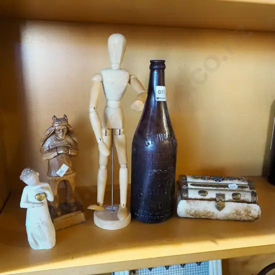 vintage McGavin & Co Ltd Dunedin bottle, articulated artist doll, figurines etc