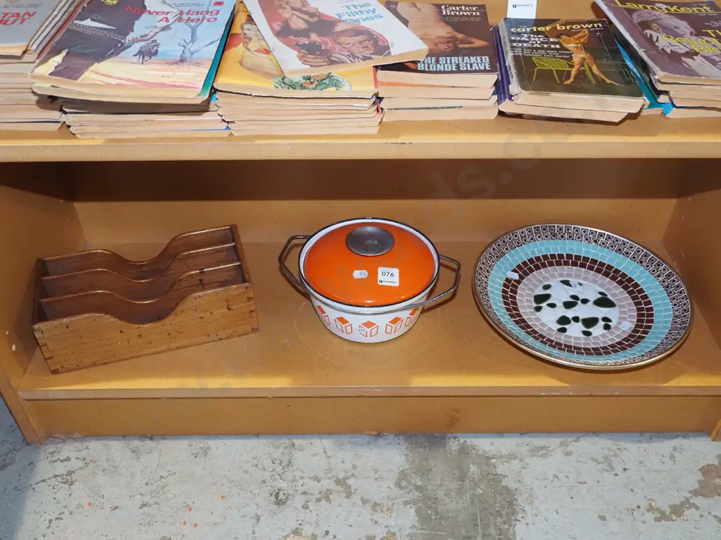 retro cast iron and enamel casserole, letter rack, mosaic bowl Image 1++