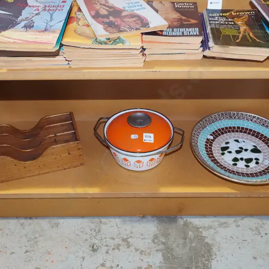 retro cast iron and enamel casserole, letter rack, mosaic bowl