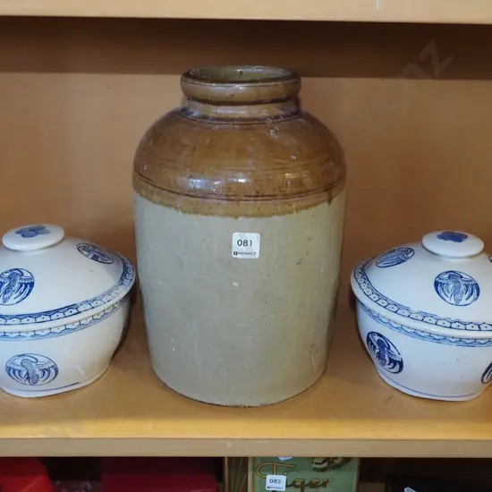 salt glazed crock, 2x Asian blue and white bowls H350