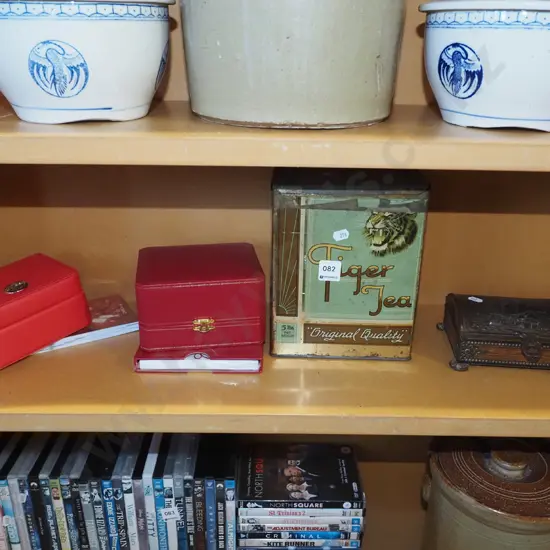 2x jewellery cases, Tiger tea tin, trinket box