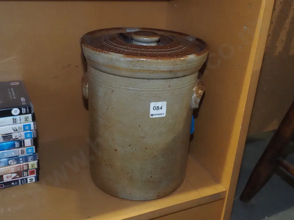 stoneware wide mouth crock with original lid H260 Image 1++