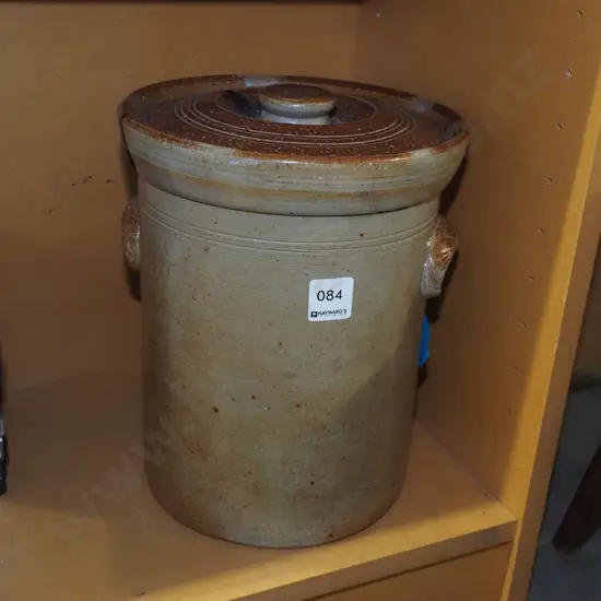 stoneware wide mouth crock with original lid H260