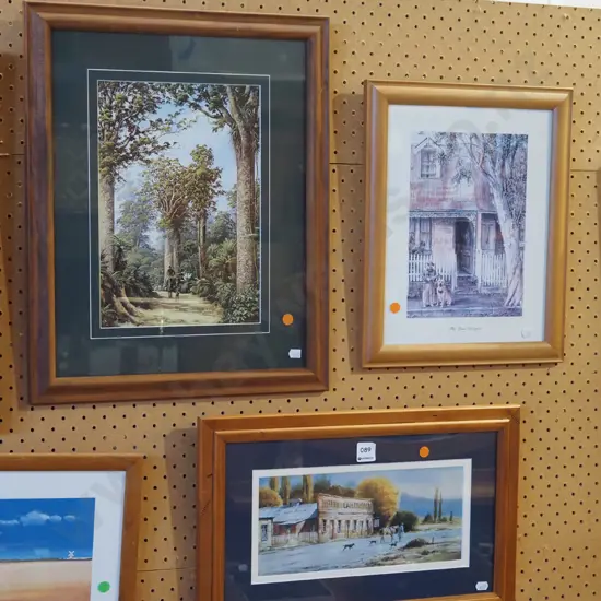 3x framed prints - lone ranger, bush track, Cardrona Hotel - orange dots