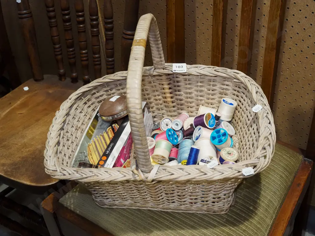 cane basket; sewing threads, needles etc Image 1++