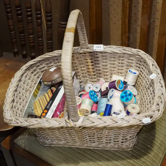 cane basket; sewing threads, needles etc