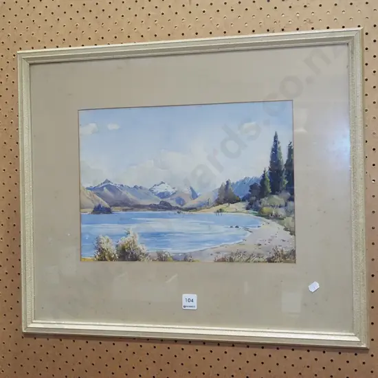 framed watercolour - lake and mountain scene - marks under glass