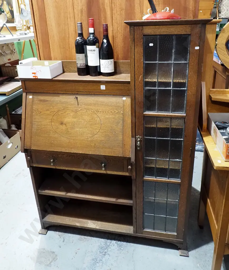 arts and crafts oak bookcase burreau with 1 drawer, drop front desk, dimple glass leadlight door Image 1++