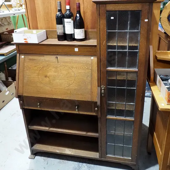 arts and crafts oak bookcase burreau with 1 drawer, drop front desk, dimple glass leadlight door