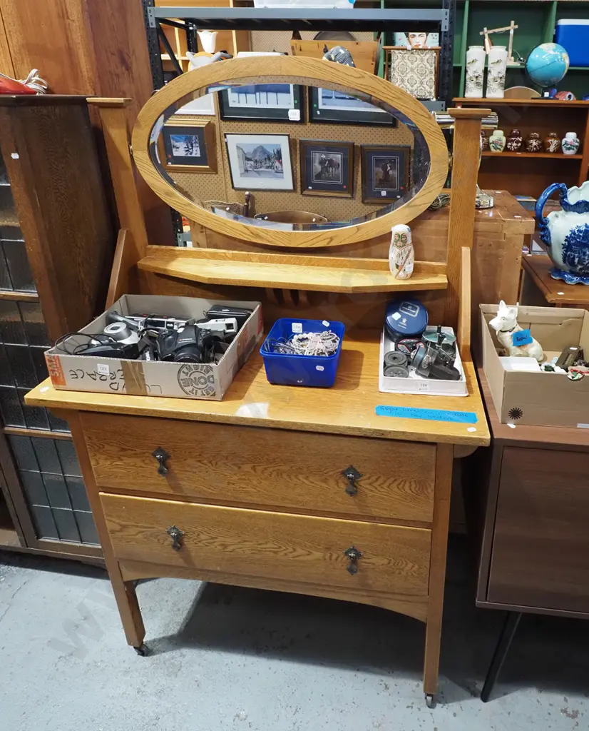 oak 2 drawer mirror back dresser - slight borer to 1 side- has been treated  Image 1++