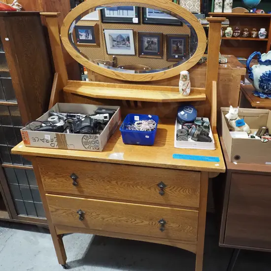 oak 2 drawer mirror back dresser - slight borer to 1 side- has been treated 