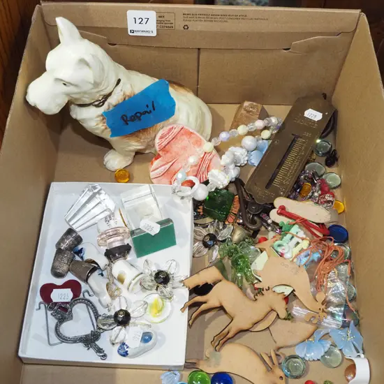box; spring scales, glass beads, ceramic hearts, thimbles etc