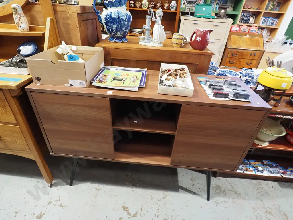 modern faux wood veneer 2 door sideboard with shelves H860 W1200 D400 Image 1++