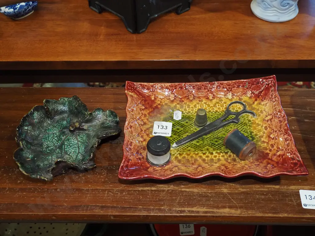 studio pottery leaf dish, pottery tray with attached scissors, thimbles, threads Image 1++